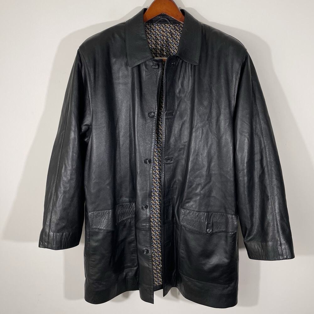STUNNING Bullock & Jones Butter Soft Black Leather Silk Lined Coat 46 XXL